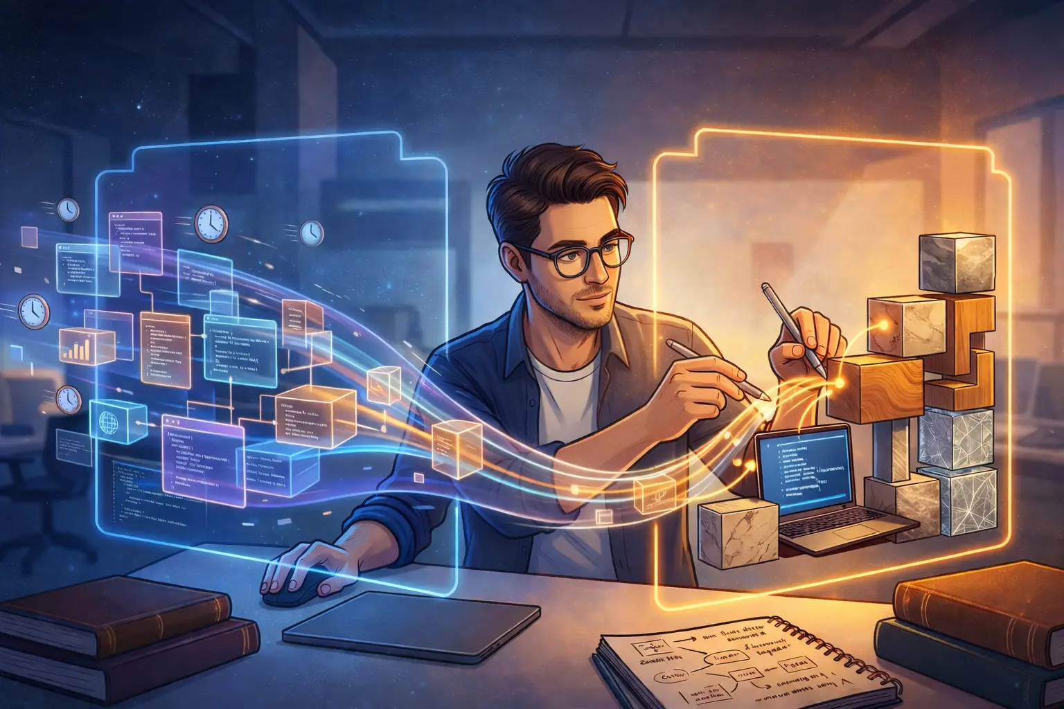 A person sitting at a desk is organizing ideas and building a workflow with AI-supported digital panels and floating blocks beside an open laptop.