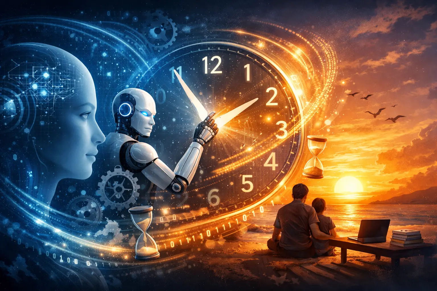 Yapay zekâ, zaman ve zihinsel yük ilişkisini temsil eden; mavi ve sıcak turuncu tonların buluştuğu kavramsal yatay illüstrasyon