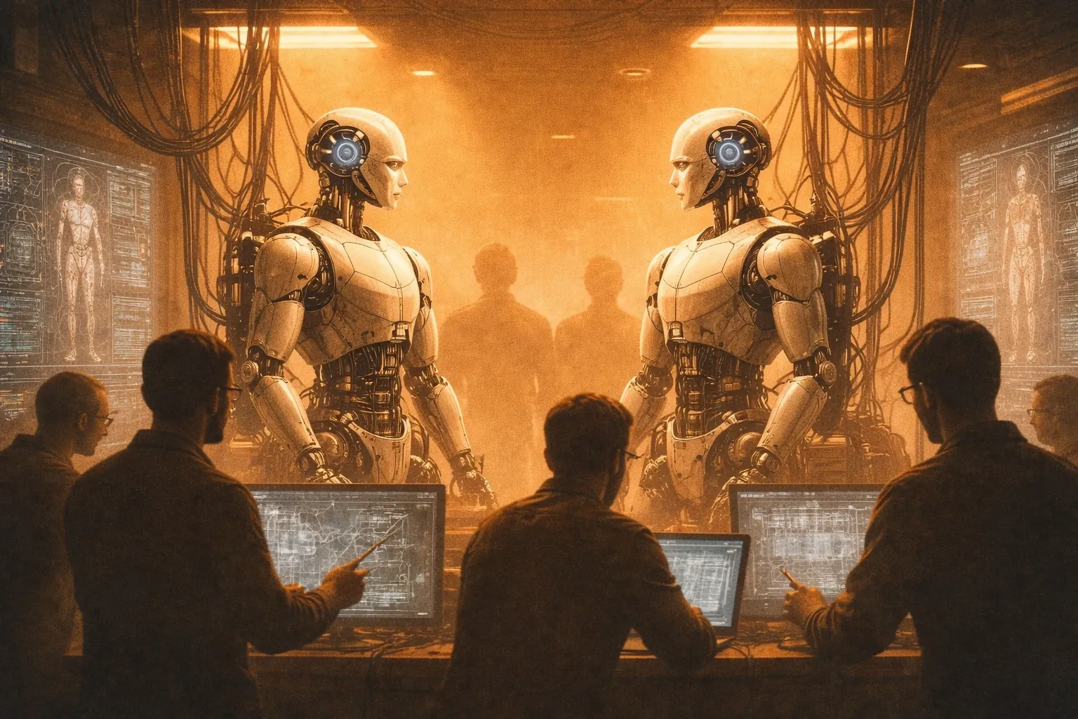 Mahkeme salonu benzeri bir ortamda, karşılıklı tartışan iki yapay zekâ robotunu izleyen mühendis silüetleri.