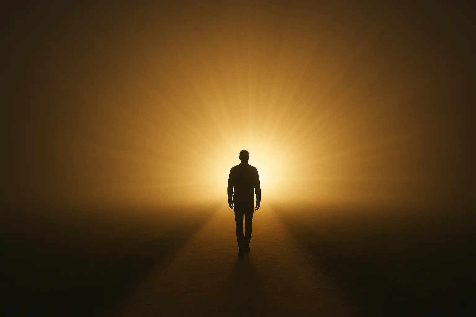 Işığa doğru yürüyen bir figürün yer aldığı minimalist pastel illüstrasyon, farkındalık ve içsel yolculuğu temsil ediyor.