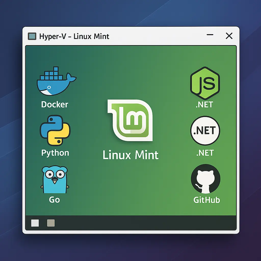 Windows üzerinde Hyper-V sanal penceresinde çalışan Linux Mint masaüstü, üzerinde Docker, Python, Go, NodeJS, .NET ve GitHub ikonlarıyla