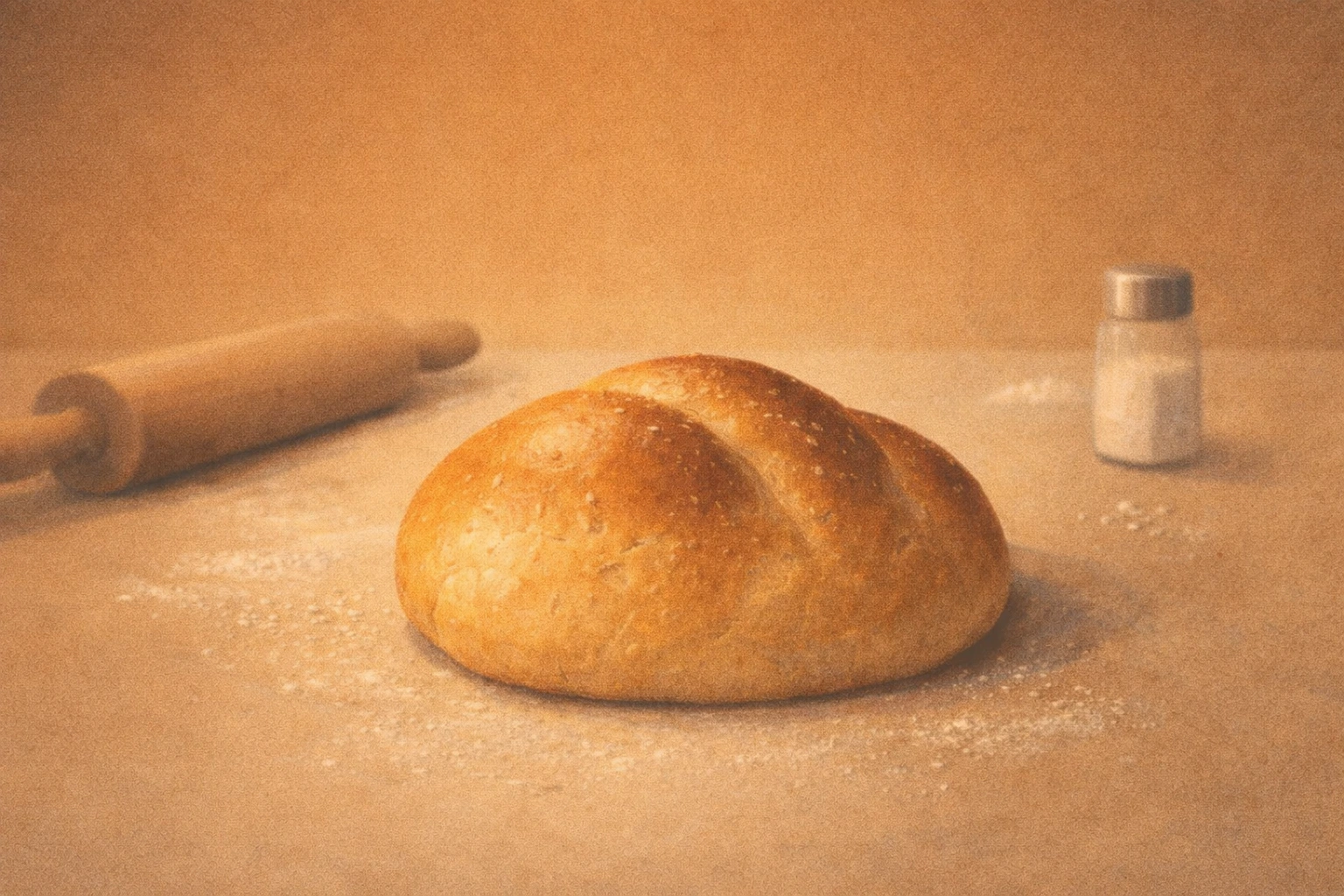 Un serpilmiş bir zeminde duran, ekmekle poğaça arasında kalmış yuvarlak bir hamur işi