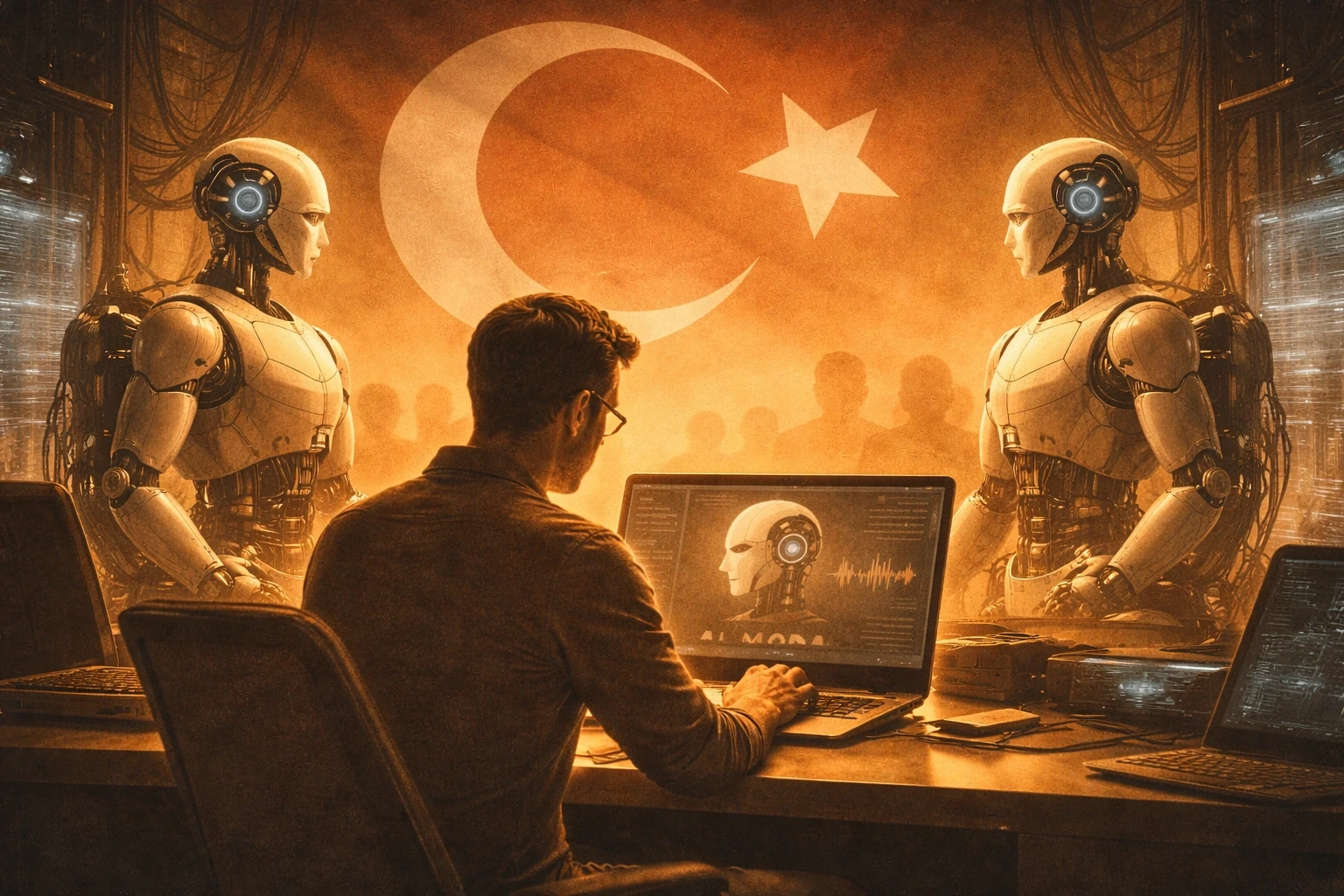 Bir mühendis ve iki yapay zekâ figürü arasında kurulan sembolik ilişki