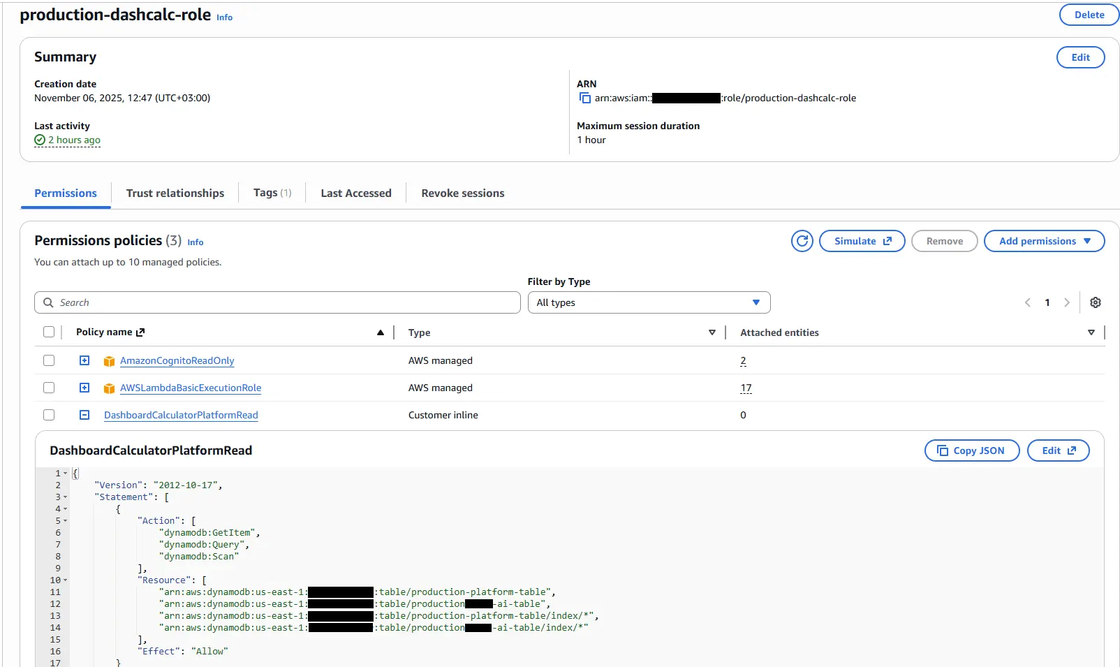 Lambda için oluşturulmuş IAM rolü özet ekranı
