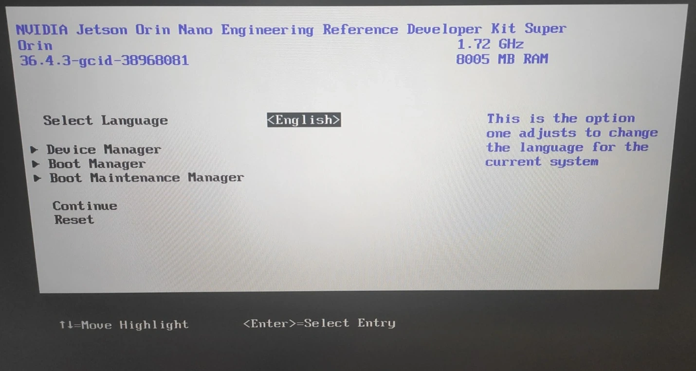 Jetson Orin Nano BIOS Anasayfası