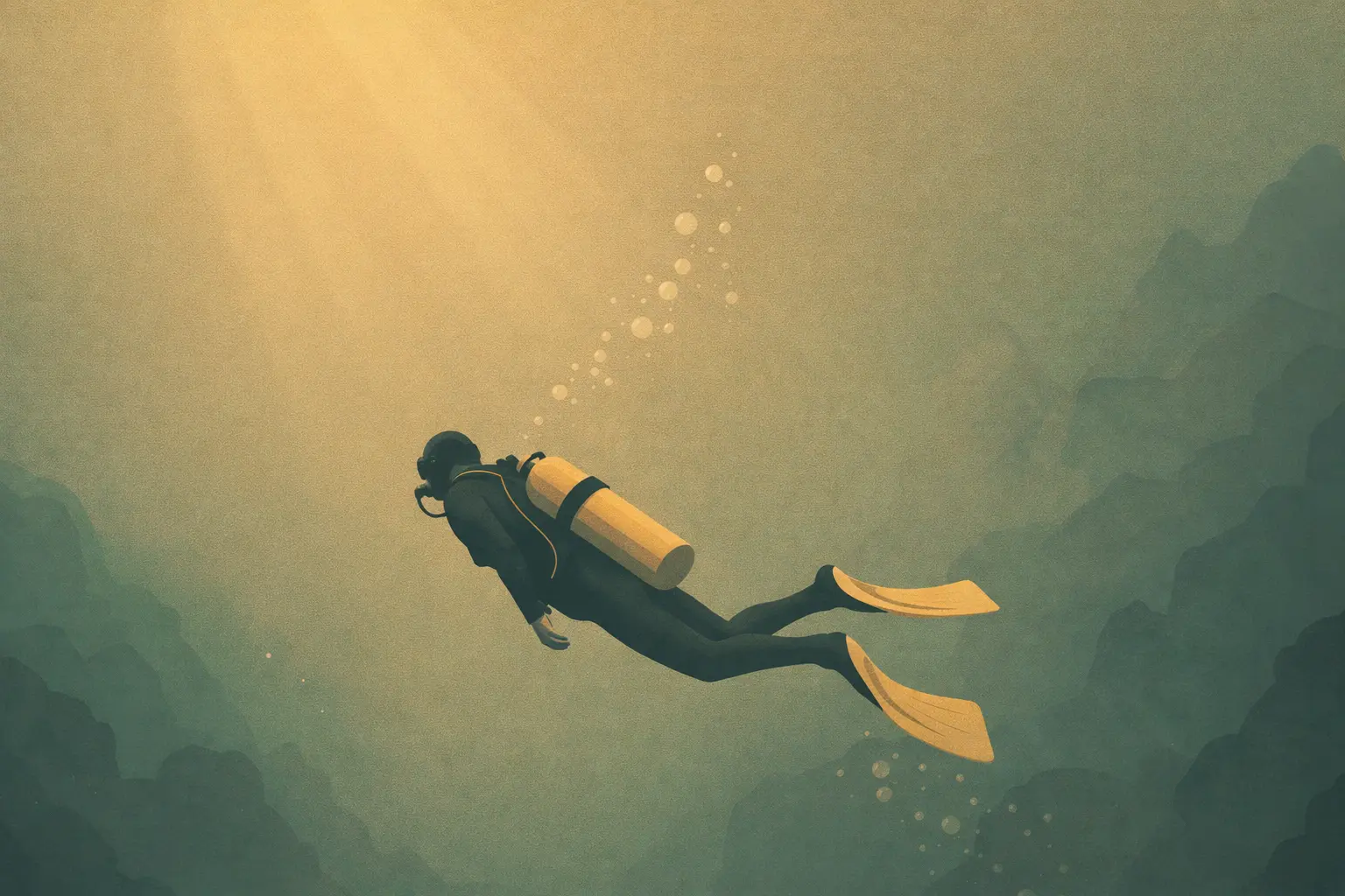 Sessiz bir su altı ortamında, hava kabarcıkları eşliğinde sakin bir şekilde süzülen tüplü dalgıcın illüstrasyonu.