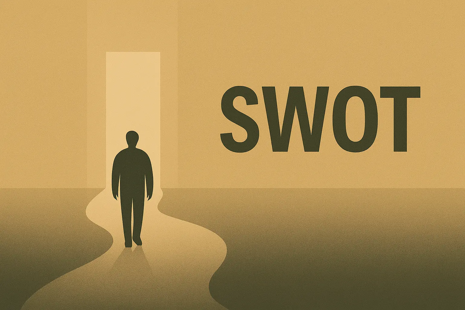 SWOT değerlendirmesini temsil eden, dört bölümlü zeminin önünde kendi yansımasıyla yüzleşen bir siluetin yer aldığı, retro tonlarda yatay illüstrasyon.