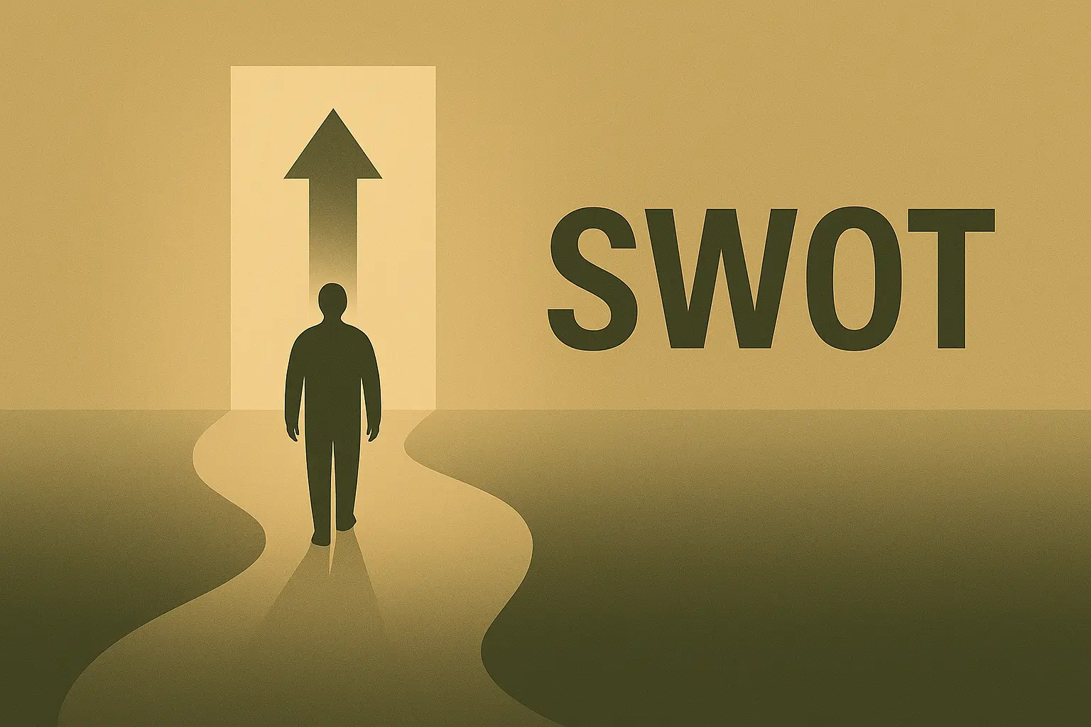 SWOT analizi için yolculuk ve fırsat kapısını temsil eden minimal siluet ve ok görseli.