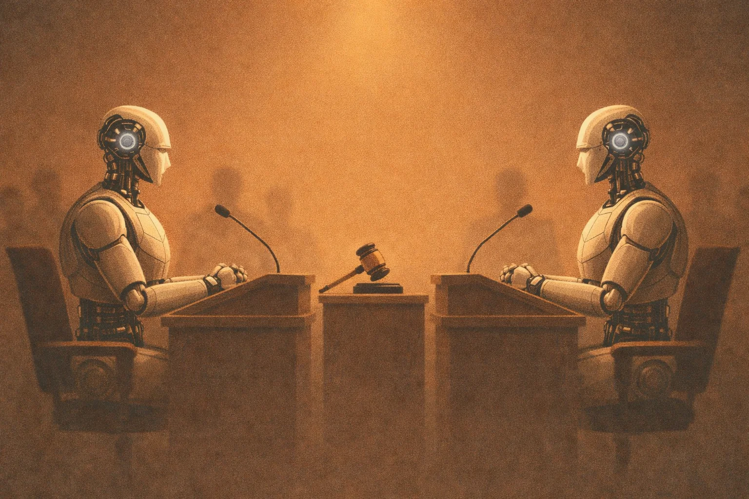 Kürsülerde karşı karşıya duran iki insansı robot ve aralarında jüriyi simgeleyen bir tokmak bulunan, resmi münazara sahnesi.